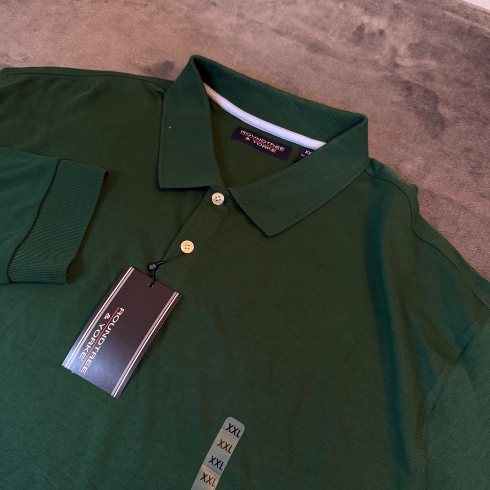 Roundtree & Yorke Supima Cotton Polo Shirt Mens XXL Green Long Sleeve Ribbed NWT